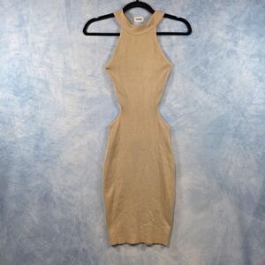 Hera Collection Tan Beige Ribbed Knit Cutout Open Back Bodycon Halter Dress S